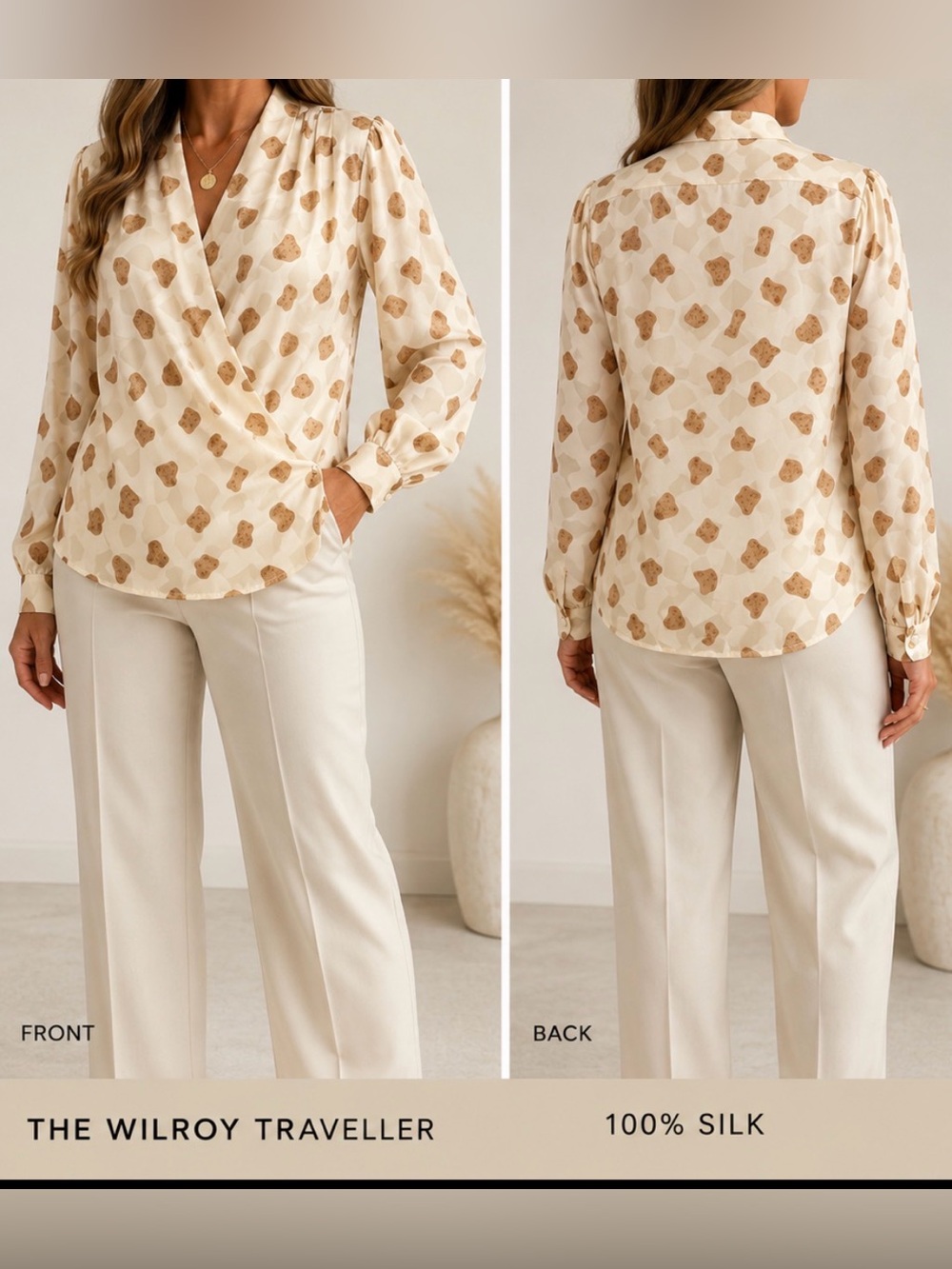 Vintage Wilroy Traveller 100% Silk Wrap Blouse Size 16 Ivory Tan